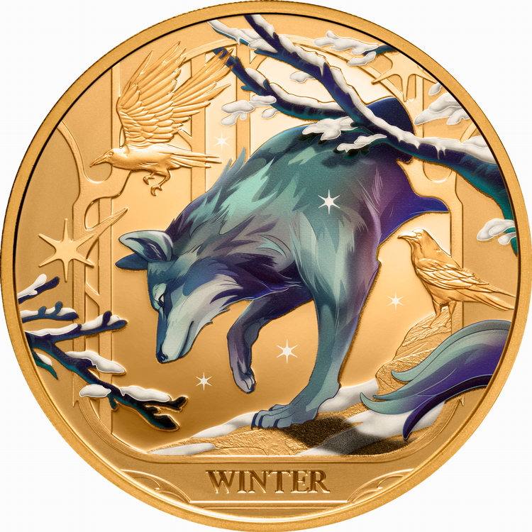 Niue_2025_Four_Seasons_4_Winter_Wolf_$100_1_Troy_Ounce_Pure_Gold_Proof_with_Color_MINTAGE_99
