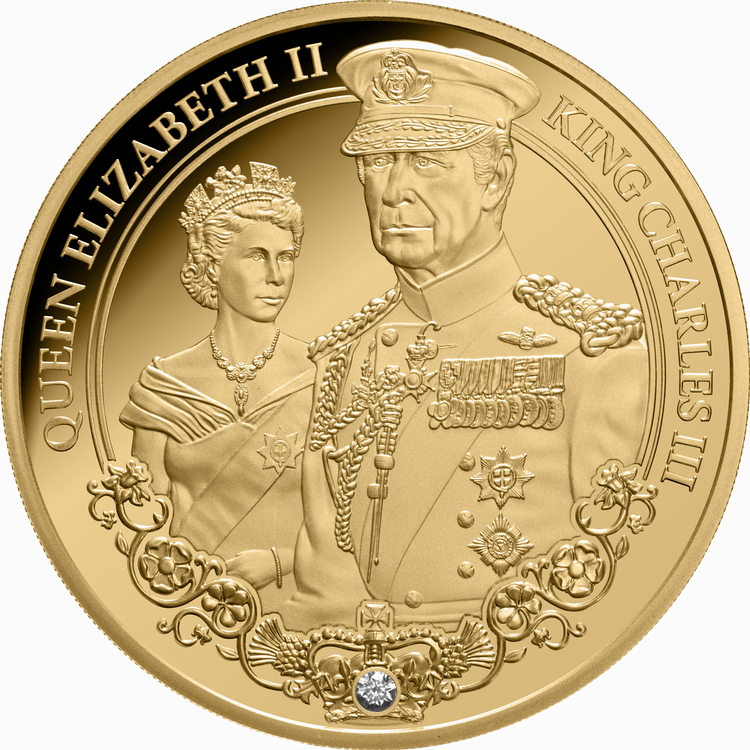 Niue_2025_Portraits_of_Power_1_QEII_Queen_Elizabeth_II_and_KCIII_King_Charles_III_$100_1_Troy_Oz_Pure_Gold_Proof_with_Diamond_MINTAGE_99