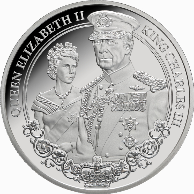 Niue_2025_Portraits_of_Power_1_QEII_Queen_Elizabeth_II_and_KCIII_King_Charles_III_$1_1_Troy_Oz_Pure_Silver_Proof_MINTAGE_1000