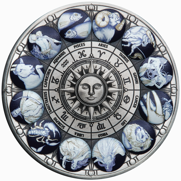 Tuvalu_2022_12_Signs_of_the_Roman_Zodiac_$5_5_Troy_Oz_Pure_Silver_Antiqued_Piedfort_with_Color_Perth_MInt_Mintage_388