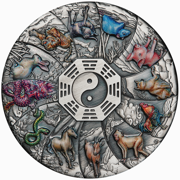Tuvalu_2023_12_Lunar_Zodiac_Animals_$5_5_Troy_Ounce_Pure_Silver_Antiqued_Piedfort_Coin_with_Color Tuvalu_2023_12_Lunar_Zodiac_Animals_$5_5_Troy_Ounce_Pure_Silver_Antiqued_Piedfort_Coin_with_Color